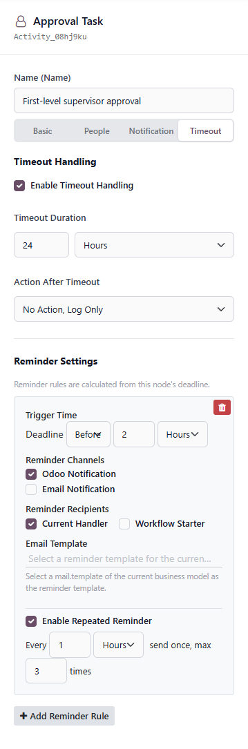 Timeout and reminder settings
